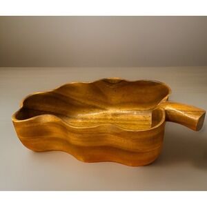 Woods of Hawaii Monkey Pod Wood Leaf Bowl & 4 Utensils Vintage Salad Set  MCM